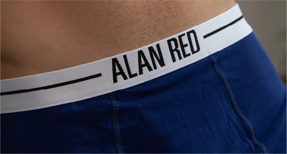 Detail of the Alan Red logo waistband on blue men's boxer briefs